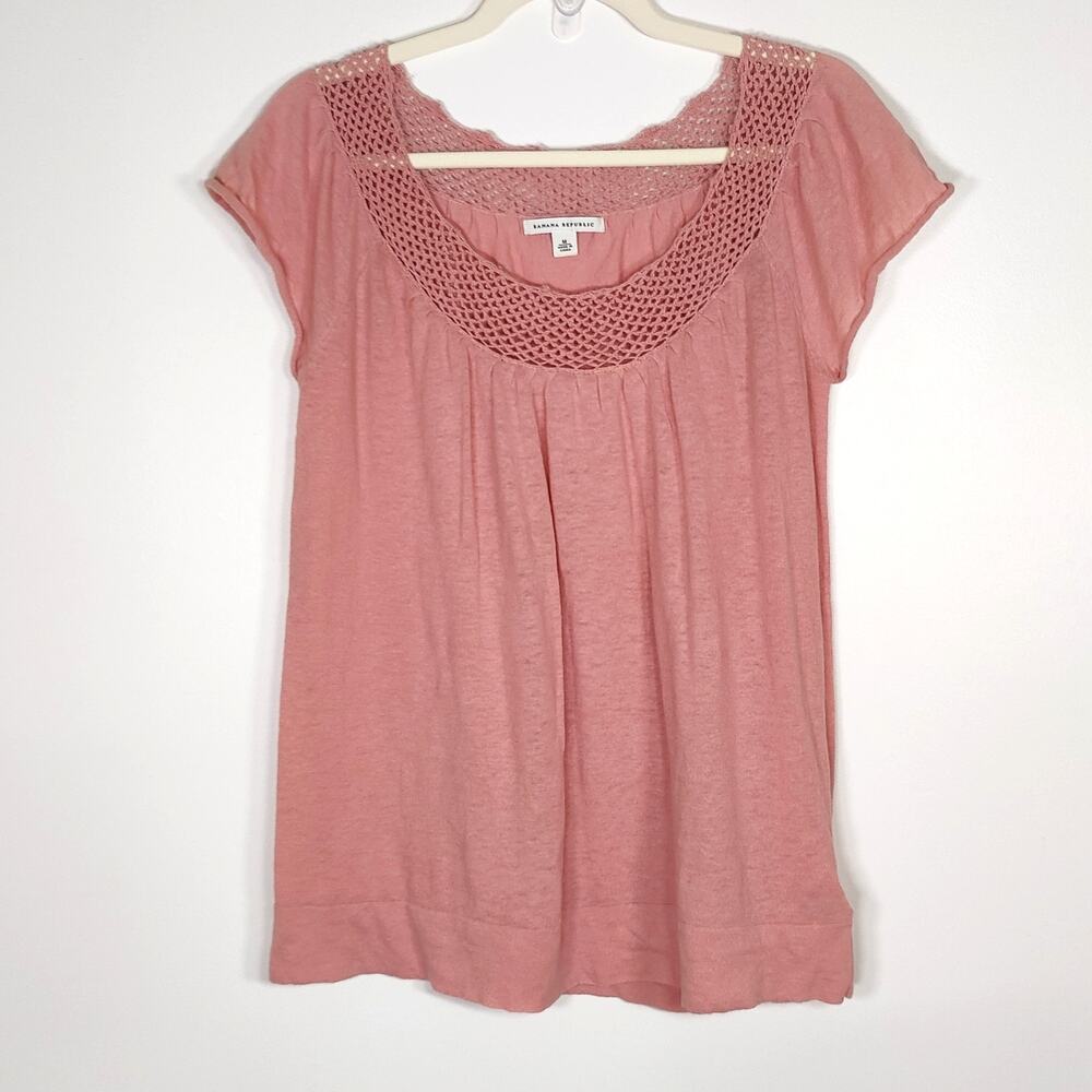 Banana Republic Pink Linen Blend Crochet Neck Top M Boho Romantic